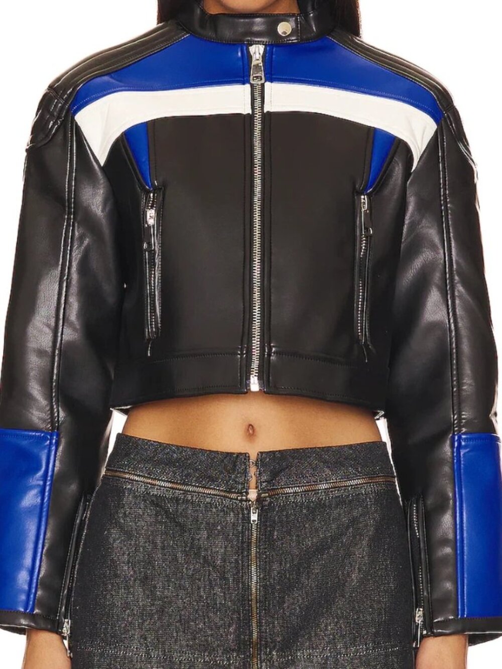 Lioness Faux Leather Racer Jacket – Black with Blue & White Panels